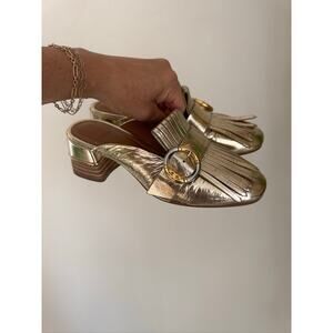 Tory Burch Multilogo Kiltie Fringe Metallic Gold Loafer Mule - US 5M